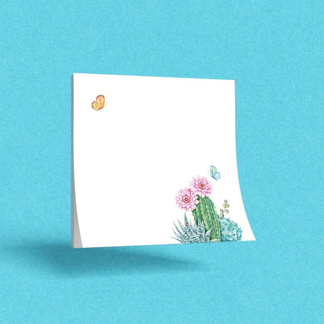 White notepad with cactus and butterfly design on a blue background