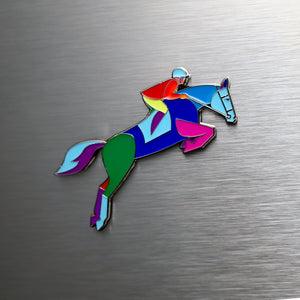 Colorful Mosaic Equestrian Horse Jumping Magnet on a fridge.
