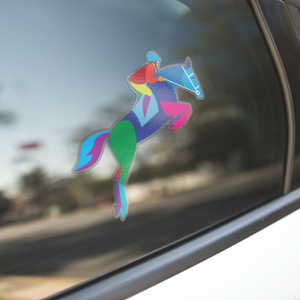 A colorful vinyl sticker decal of a horse jumping, applied on the side of a car.