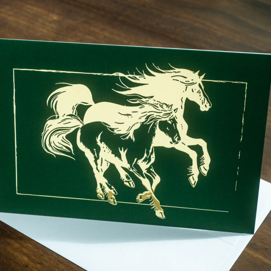 Golden Foil-Pressed Galloping Horses Greeting Card