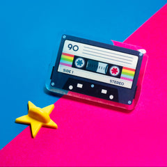 Cassette Tape acrylic pin with '80s' design from Spot Studio Art