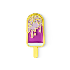 Purple popsicle-shaped Enamel Pin with Gold border on a white background