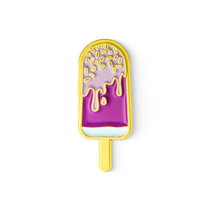 Purple popsicle-shaped Enamel Pin with Gold border on a white background