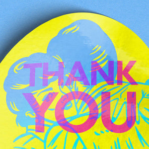 Round yellow sticker with 'THANK YOU' text on a blue background