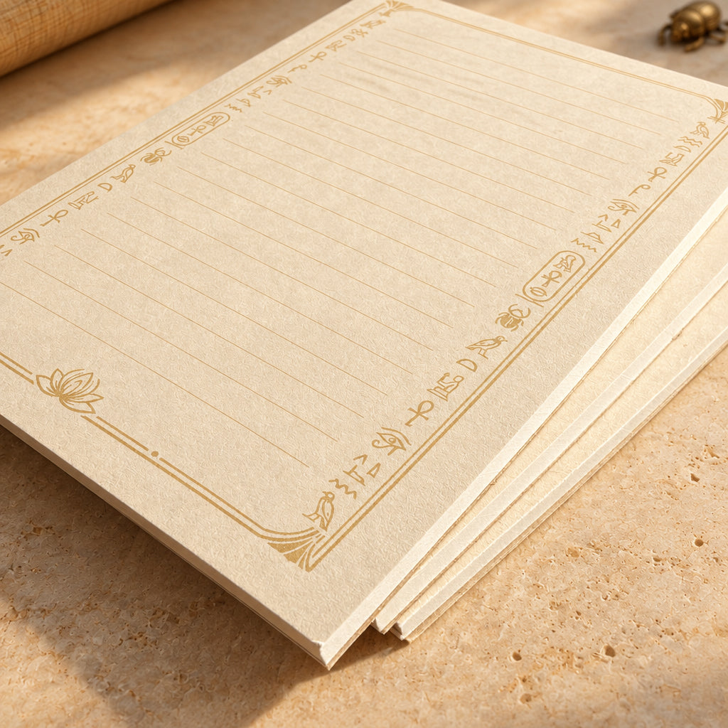 Close-up of lined Egyptian 4 by 6 inch notepads with gold hieroglyph-inspired borders and a lotus motif on a cream background