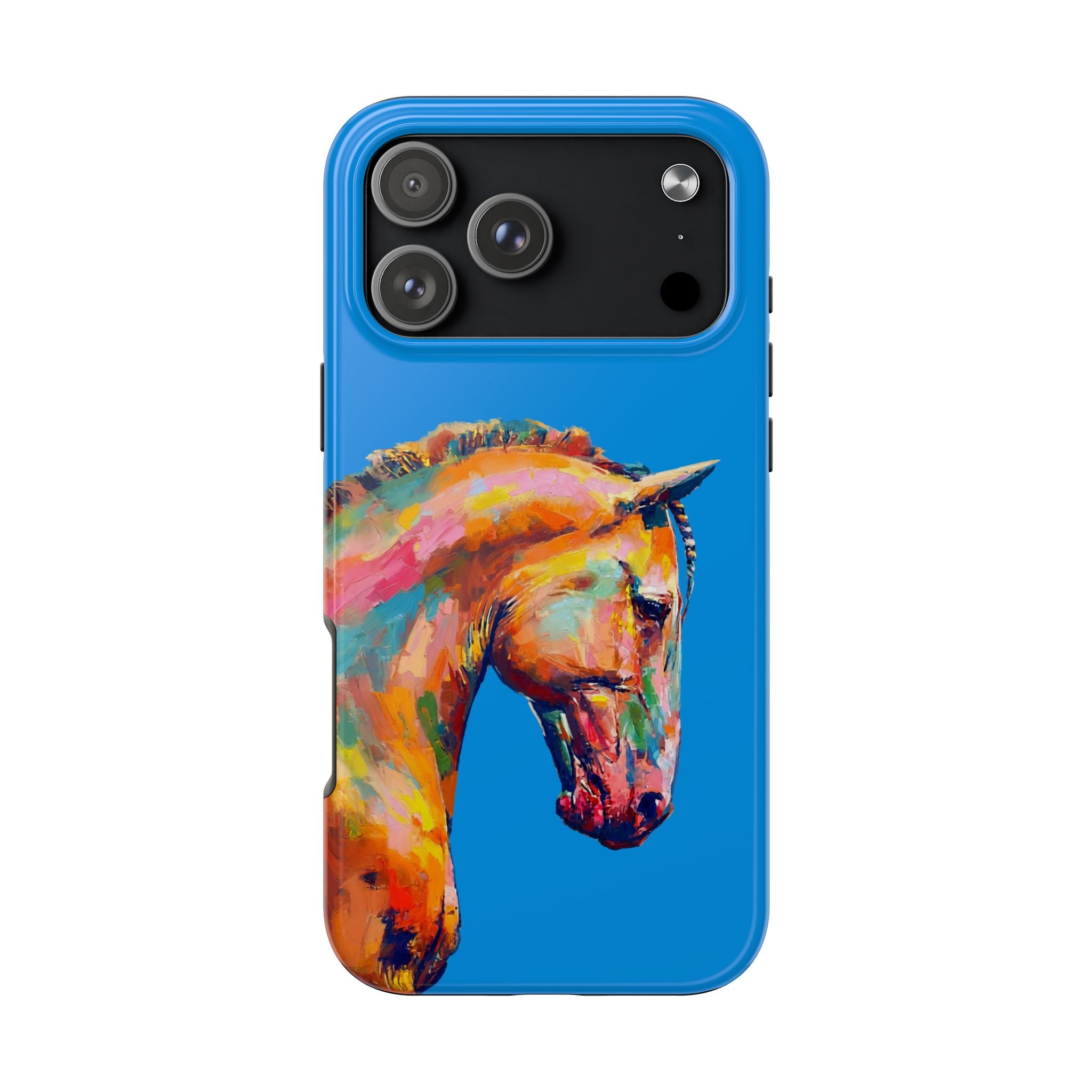 Phone case with a colorful horse design on a blue background