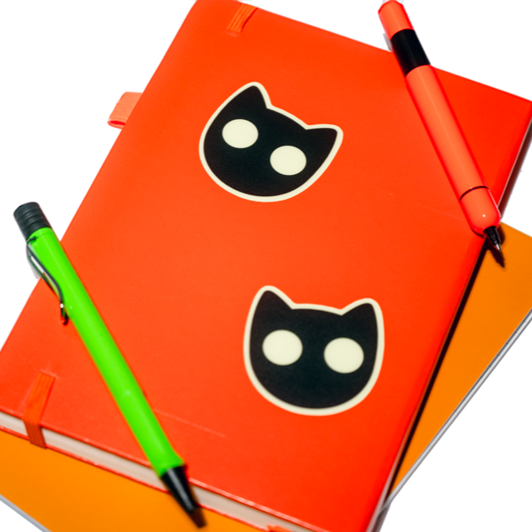 Two orange notebooks with black cat face stickers and three pens on a white background