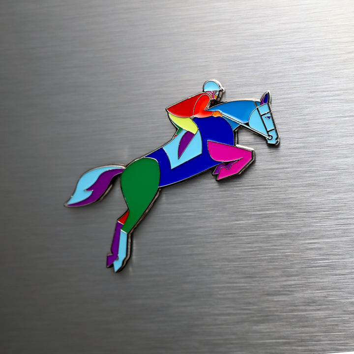 Colorful Mosaic Equestrian Horse Jumping Magnet on a fridge.