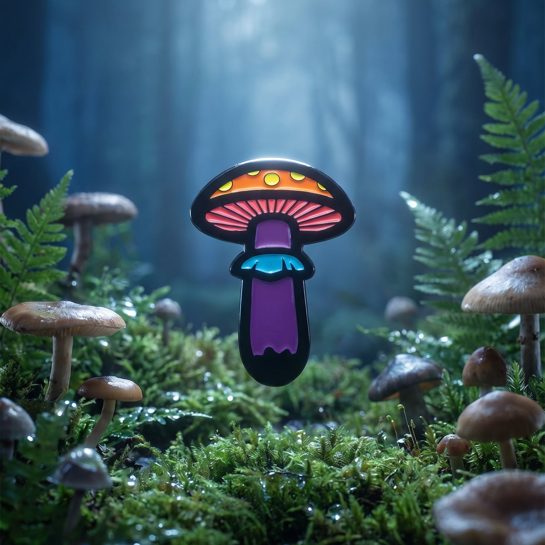 Glowing multicolored Mushroom Enamel Pin in a forest setting