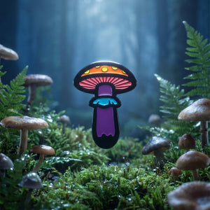 Glowing multicolored Mushroom Enamel Pin in a forest setting