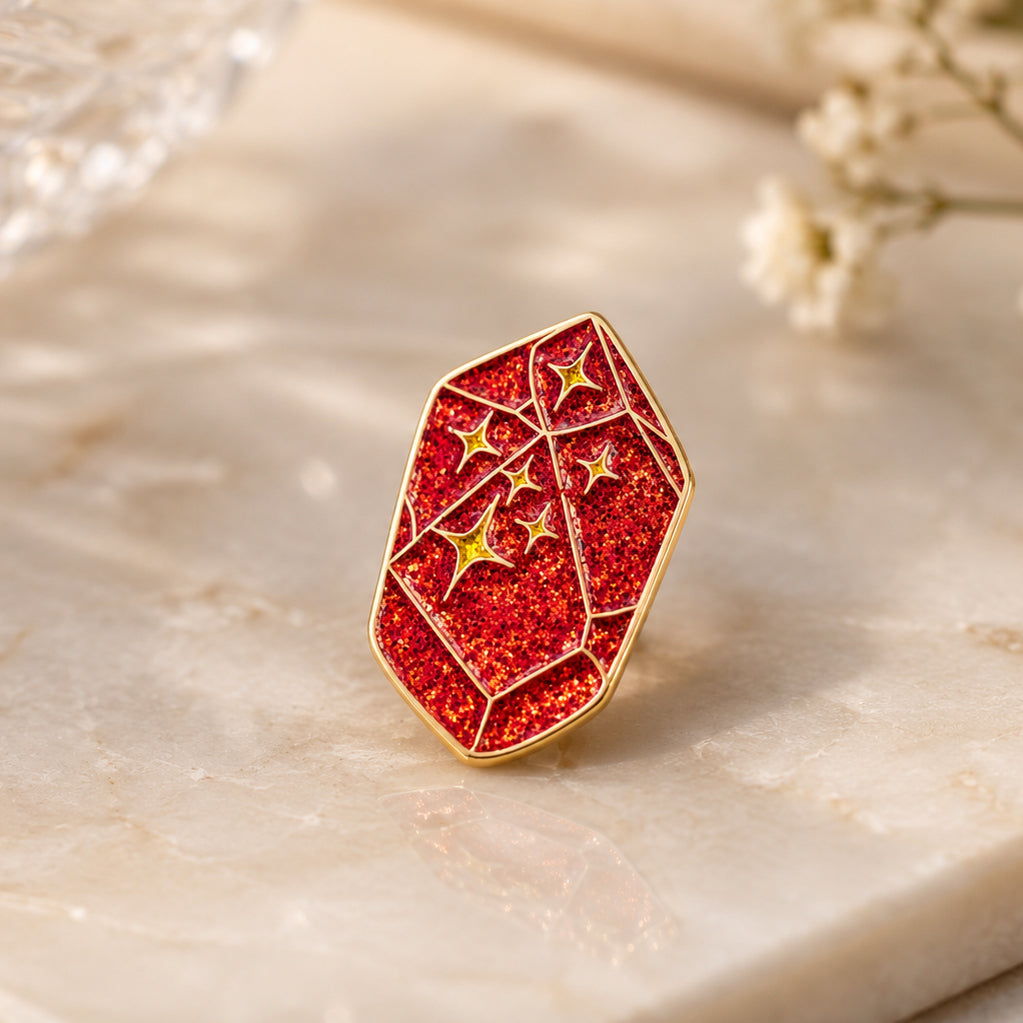 Elegant Red Crystal Enamel Pin with Glittery Magic