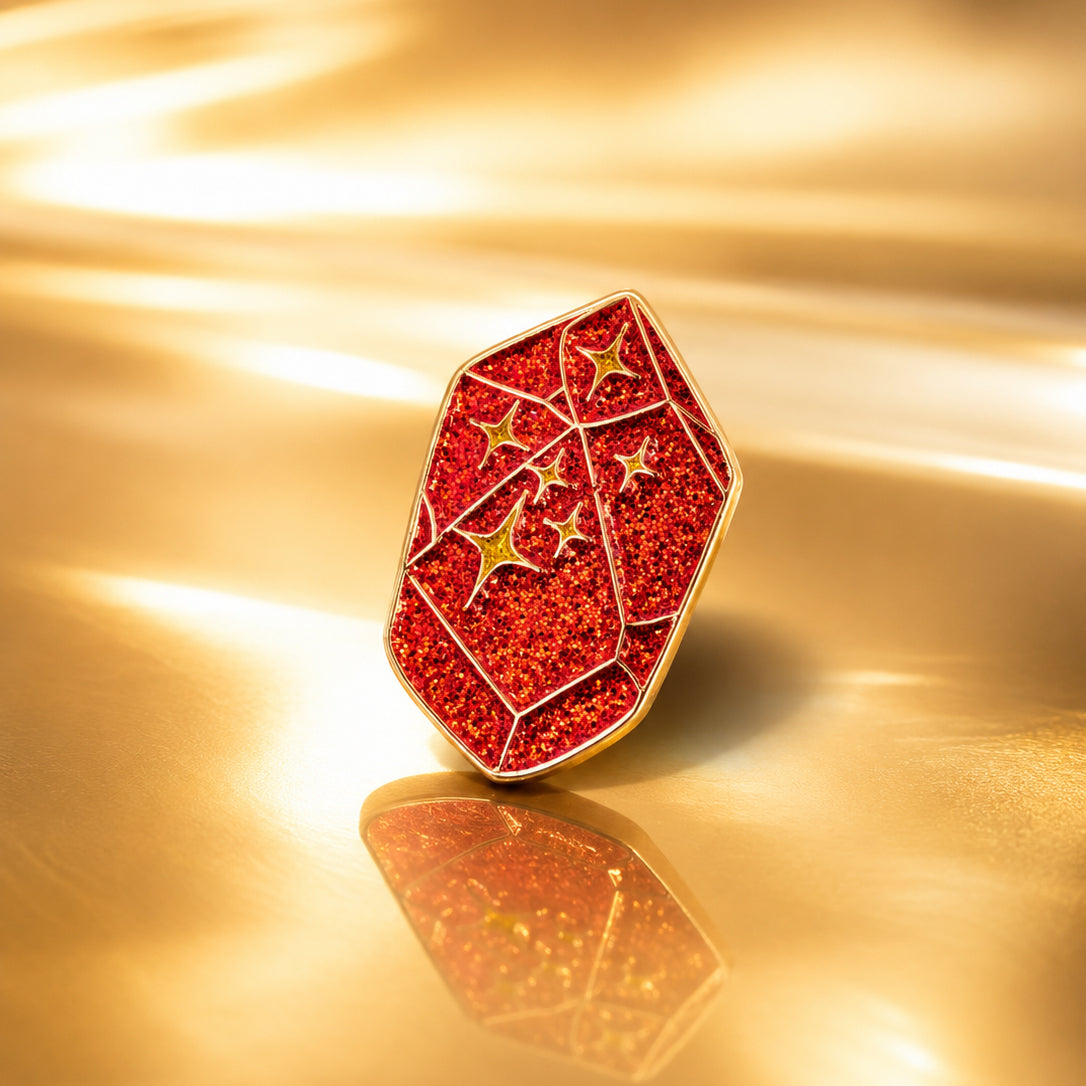 Elegant Red Crystal Enamel Pin with Glittery Magic
