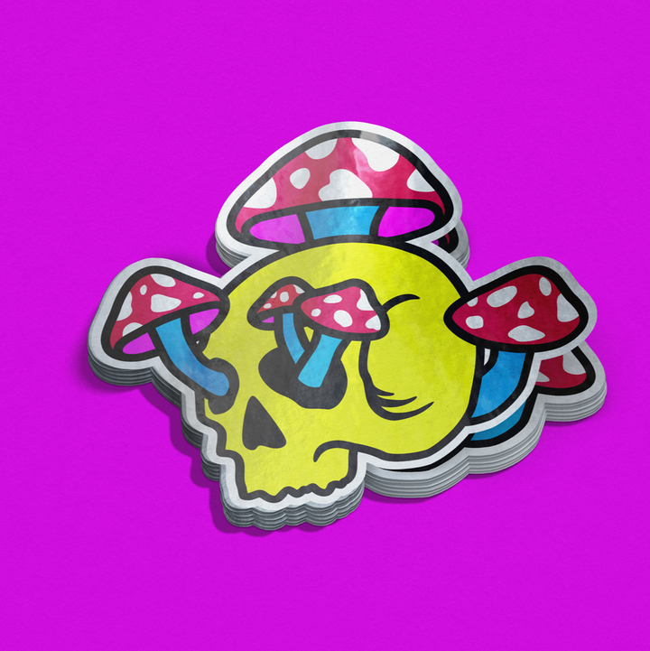 Holographic Sticker of a yellow skull with mushrooms growing from it on a purple background