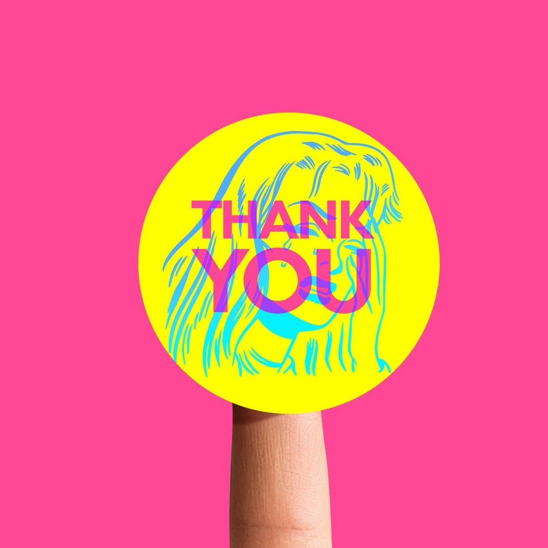 Hand holding a yellow sticker with 'THANK YOU' on a pink background