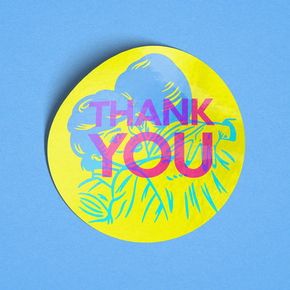 Round yellow sticker with 'THANK YOU' text on a blue background