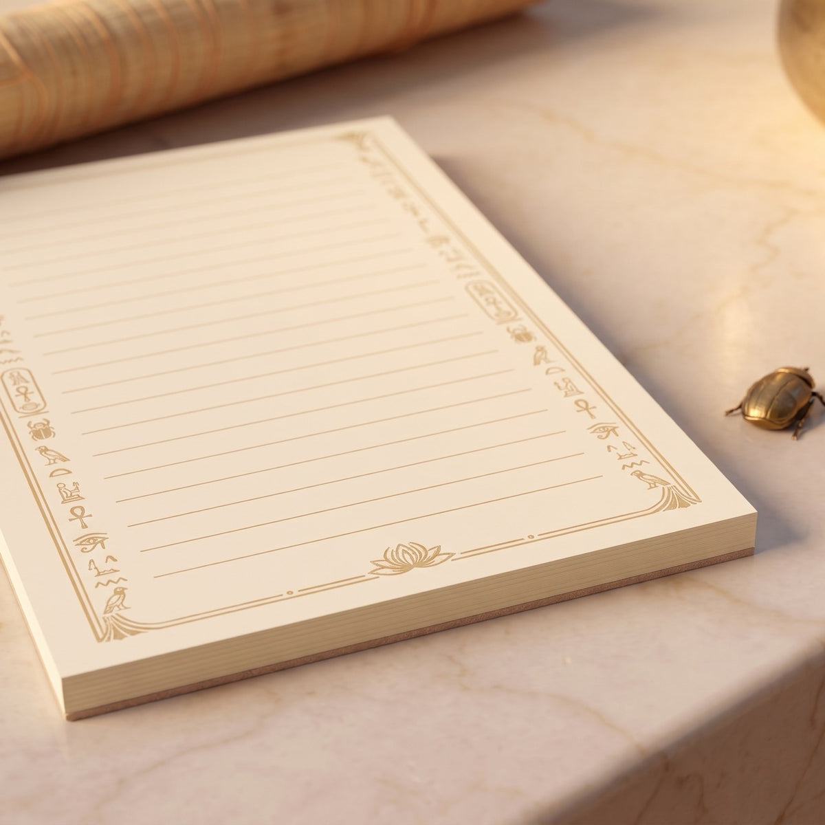 Close-up of the Egyptian icon border, lotus detail and lined notepad pages