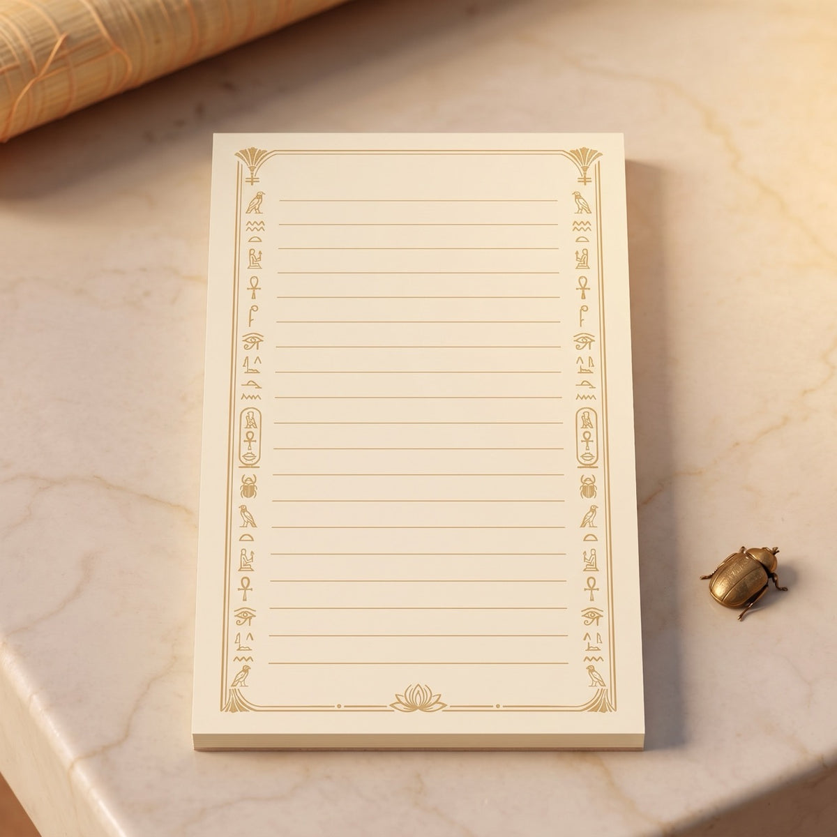 Egyptian Icons lined 4 × 6-inch notepad on a warm stone desk