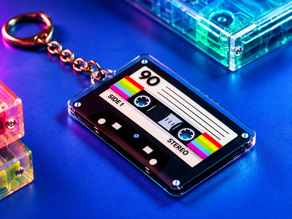Rainbow cassette tape acrylic keychain with a gold chain, on blue